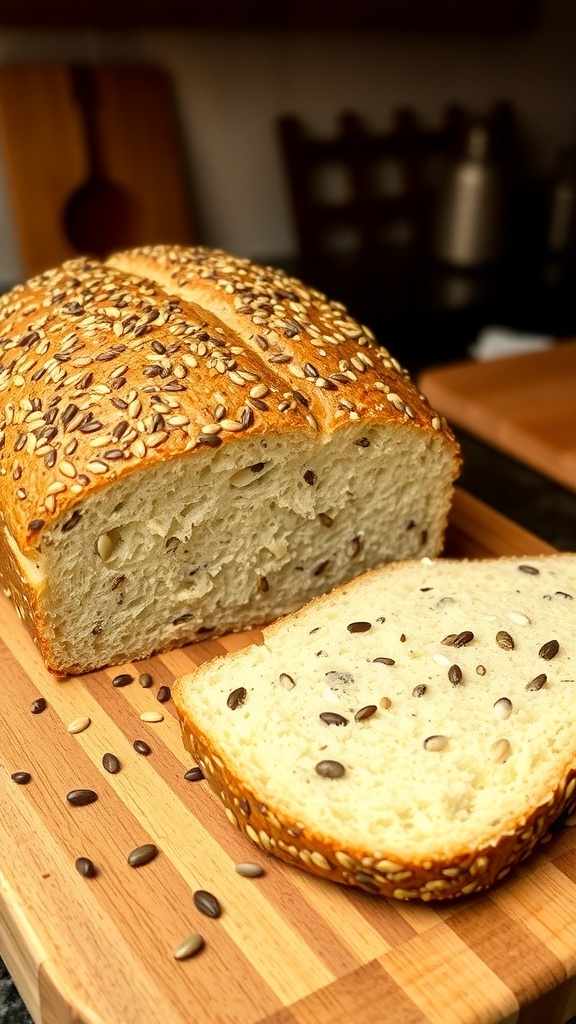 A loaf of 7 seed sourdough bread sliced on a wooden board, highlighting its texture and seeds.